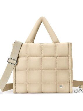 Women's khaki Quilted Zipper Tote Bag Puffy Weekender Overnight Nylon Shoulder